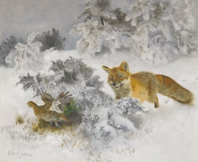 Vos en Korhoen in Winterlandschap door Bruno Andreas Liljefors